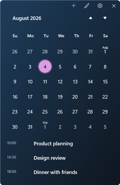 Calendar widget preview