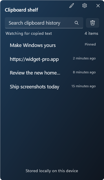 Clipboard shelf widget preview