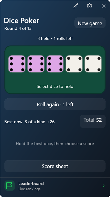 Dice Poker widget preview